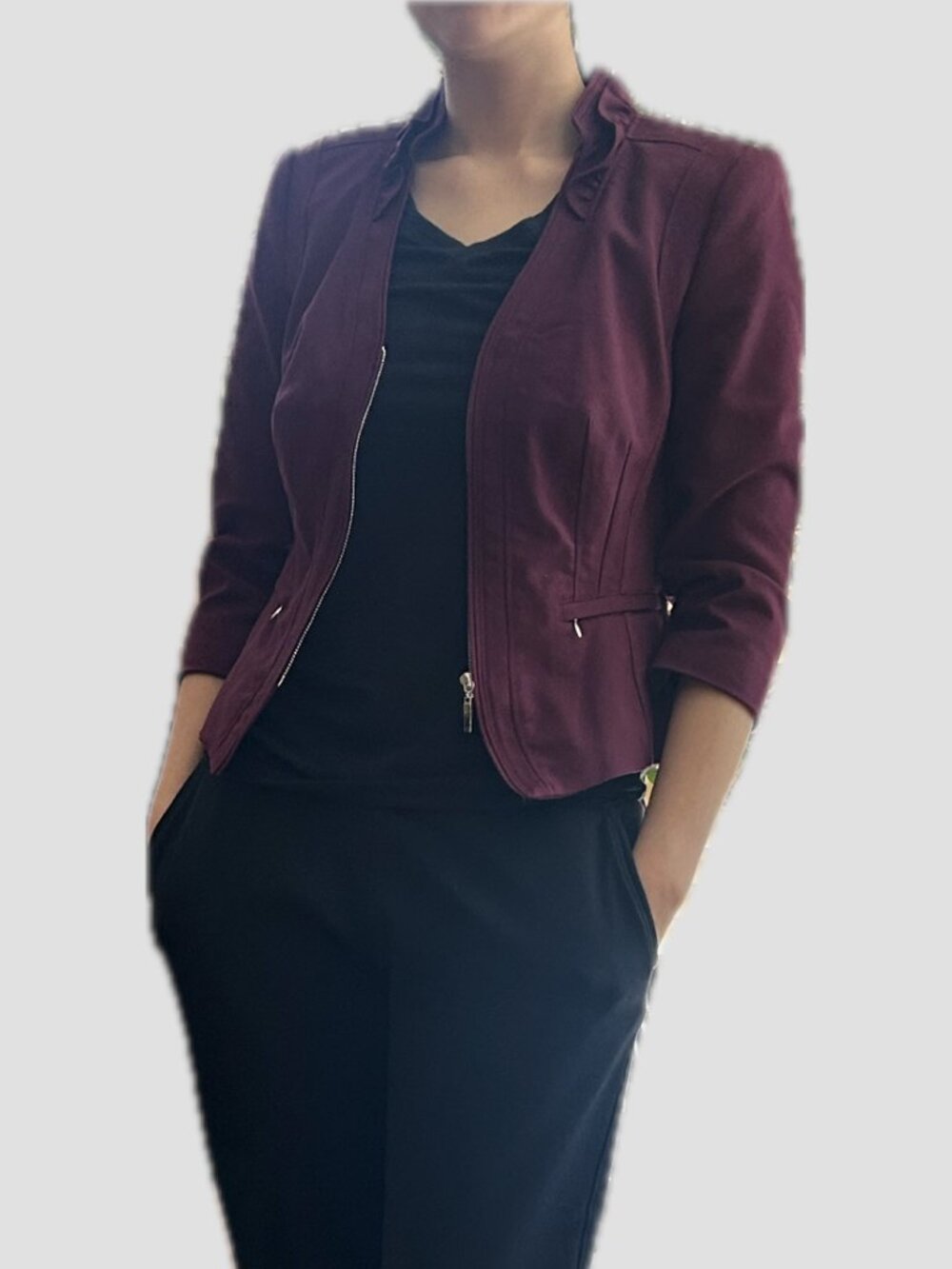 White House Black Market Burgundy Fitted Stretch Jacket with Cinched Waist Sz 6